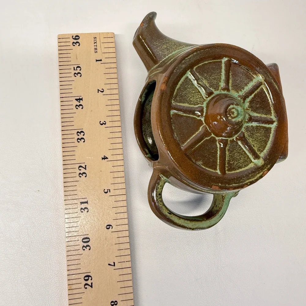 Vintage Frankoma Pottery Wagon Wheel Teapot and Creamer Set Prairie Green
